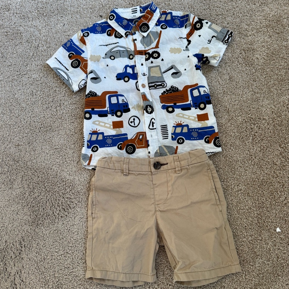 H&M Kids Khaki Shorts and Car Print Shirt